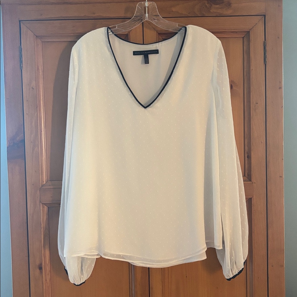 WHBM Ivory Clip Dot V-Neck Long Sleeve Blouse